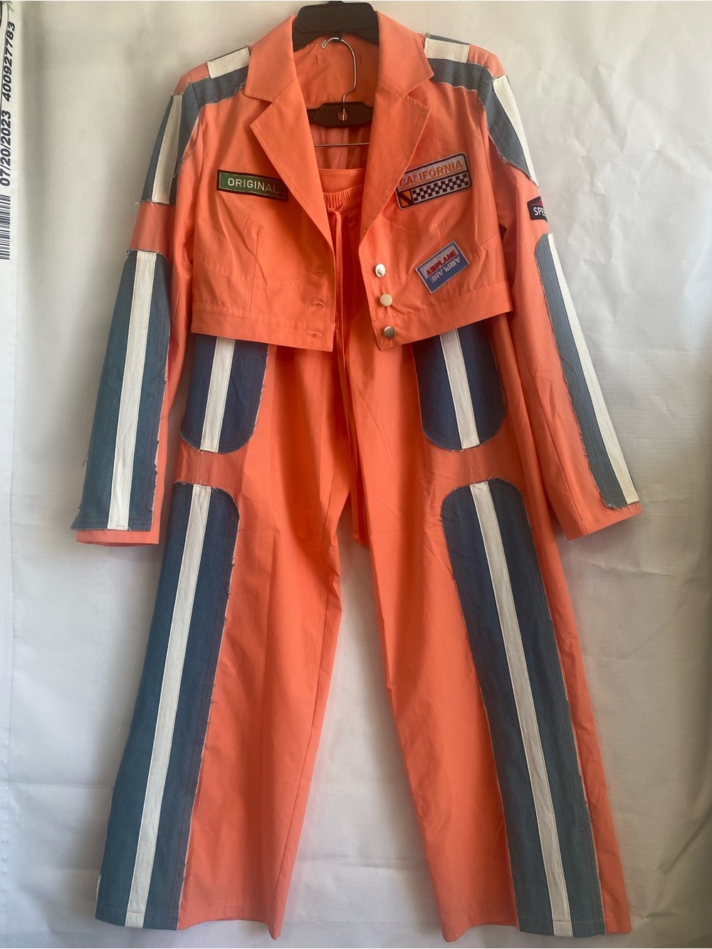 Orange Patchwork Two-Piece Set with Navy & White Stripes